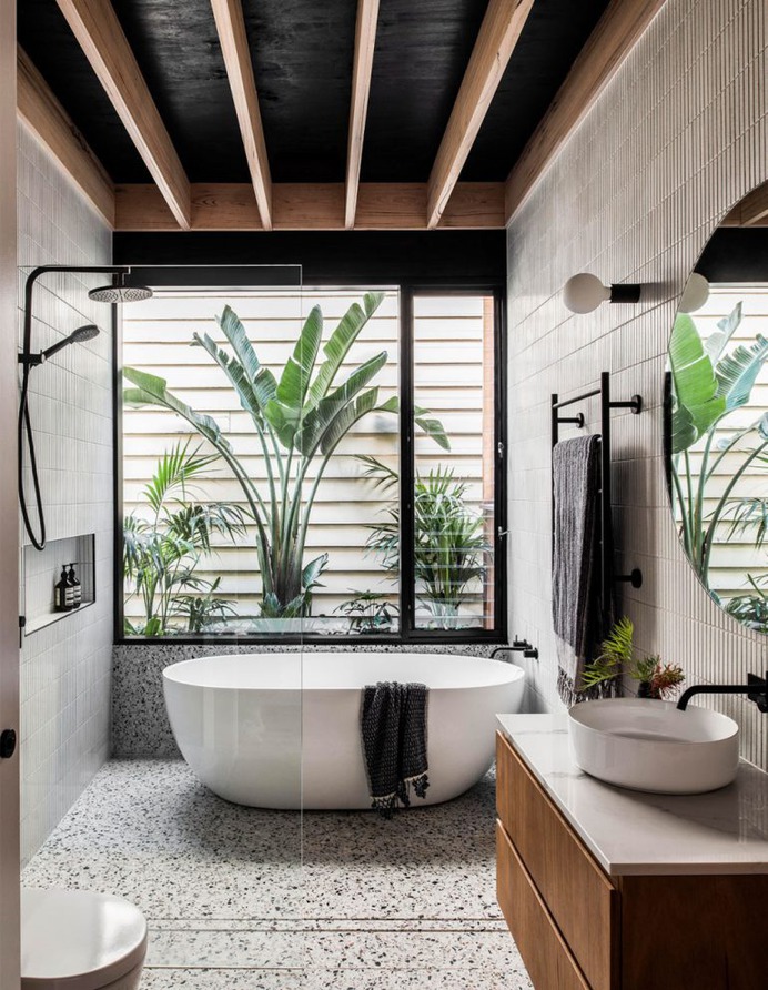 Leafy greens framed in the bathroom window. Photo – Tom Blachford.