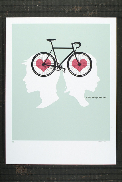 In Our Hearts & On Our Minds by Briana Auel #bicycle #print #artcrank #screenprint #silhouette #hearts #bike #poster #design
