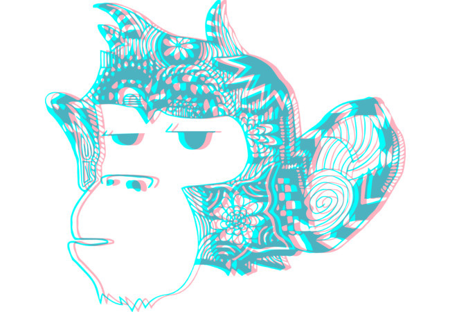 A monkey head with multiple patterns incorporated in it. With a semi 3D design.