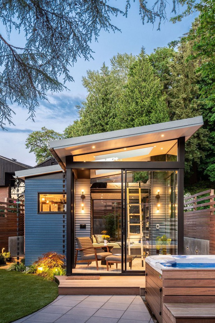 Modern Backyard Reading Shed With Skylights And Large Windows