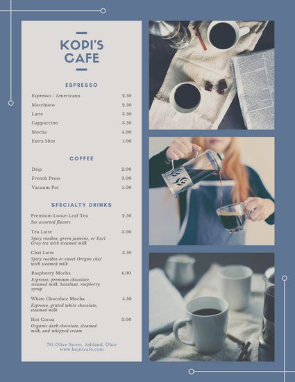 Pale Navy Blue Coffee Drinks Menu