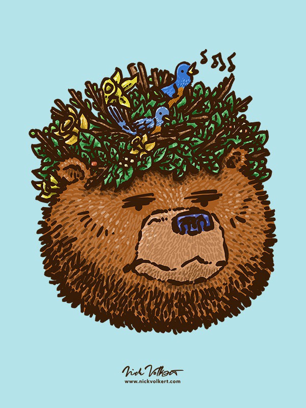 Mr. Bear has awoke from hibernation and to his surprise, the local birds have made his head their home with a Spring flowers and budding branches!