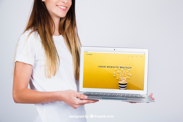 Mockup concept of woman holding laptop Free Psd. See more inspiration related to Mockup, Business, Technology, Computer, Template, Woman, Girl, Laptop, Presentation, Mock up, Modern, App, Pc, Display, Business woman, Screen, Female, Young, Device, Up, Concept, Computer screen, Holding, Showcase, Stylish, Showroom, Mock, Presenting and Showing on Freepik.