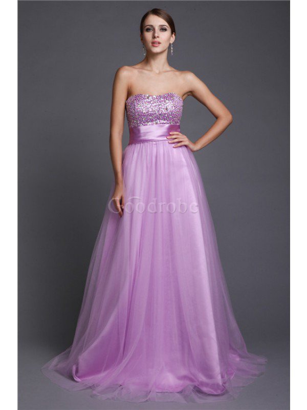 Robe de soirée ligne a de princesse avec perle avec lacets de bustier
