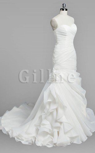 Abito da Sposa Allacciato con Increspature in Organza Coda A Strascico Corto Senza Spalline