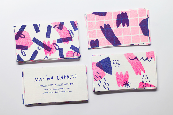 Personal Business Cards by Marina Cardoso "Risograph business cards (9x5cm) printed in 2 colors by Selva Press." Marina Cardoso is a fre