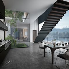 Nature coming into this house ! Love the clean black stairs too
