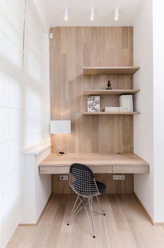 09-a-minimal-home-office-corner-is-done-in-white-and-natural-wood-the-furniture-is-clean-and-sleek.jpg (564×852)