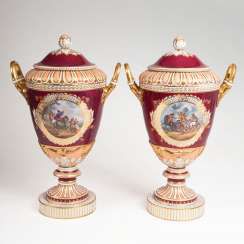 Pair of large so-called 'Weimar vases with purple, rear, and rider scenes. #Sets #Teasets #Porcelainsets #Antiqueplates #Plates #Wallplates #Figures #Porcelainfigurines #porcelain