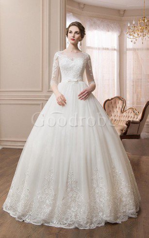 Robe de mariée de traîne moyenne de mode de bal en tulle encolure ronde manche nulle