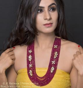 18k Gold and Diamond Polki Open Setting Broach Necklace with flowery pieces strung in ruby cut beads - gold diamond polki kundan meena jadau jewellery
