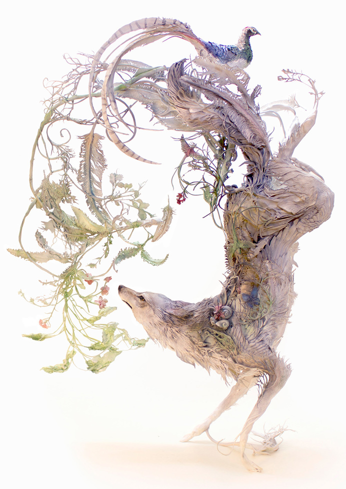 coyote, wolf, pheasant, foliage, art, fine art, sculpture, Ellen Jewett, Jewett, animal