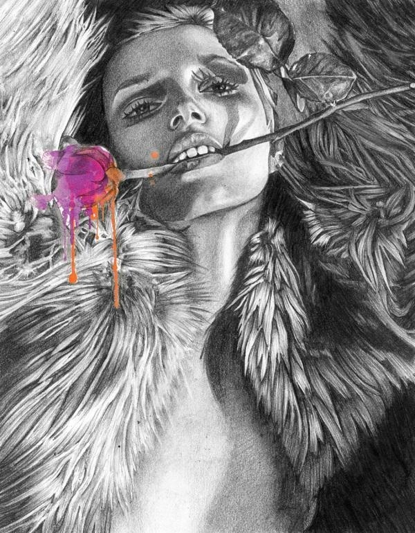 Sara O'Neill Pencil Illustrations (1) #girl #sex #pink #rose #fur #illustration #portrait #drawing #sketch