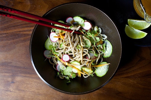 cold buckwheat noodles with miso and ginger #food