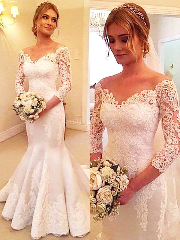 Robe de mariée naturel en satin de traîne moyenne de sirène avec manche 3/4