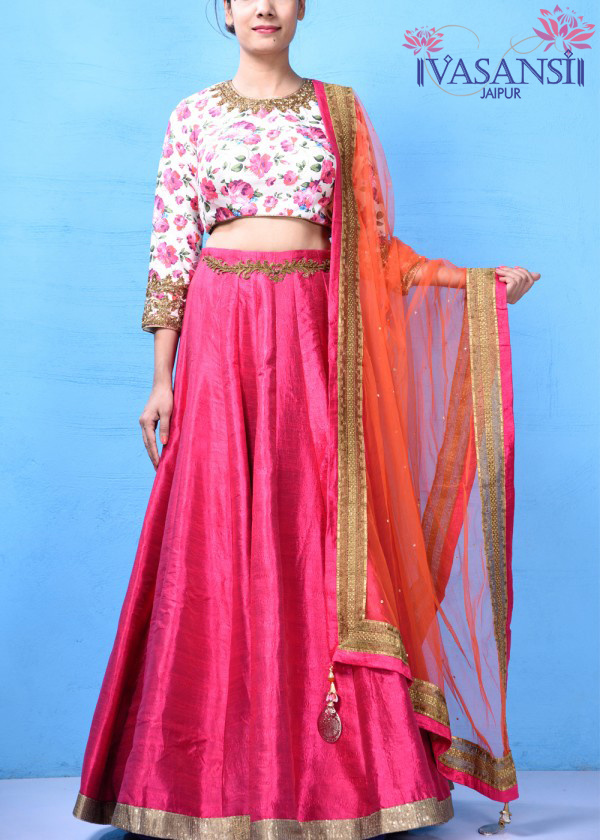 Vasansi Pink Raw Silk Crop Set Lehenga