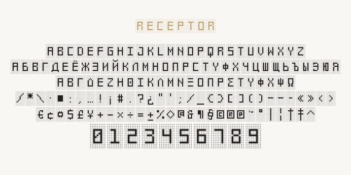 RECEPTOR typeface (font) designed by Thoma Kikis. Teknike.com - #receptor #typeface #font #kikis #thomakikis #synthwave #geometric #squares #lettering #greek #latin #cyrillic #teknike