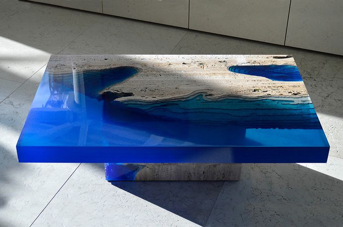 Cut Travertine Marble and Resin ‘Lagoon’ Table by Alexandre Chapelin