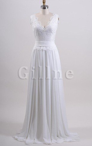 Abito da Sposa in Chiffon in Pizzo Cerniera V-Scollo con Piega