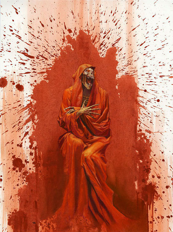 illustration, Micheal Whealand, skeleton, red, splatter, horror, sci-fi