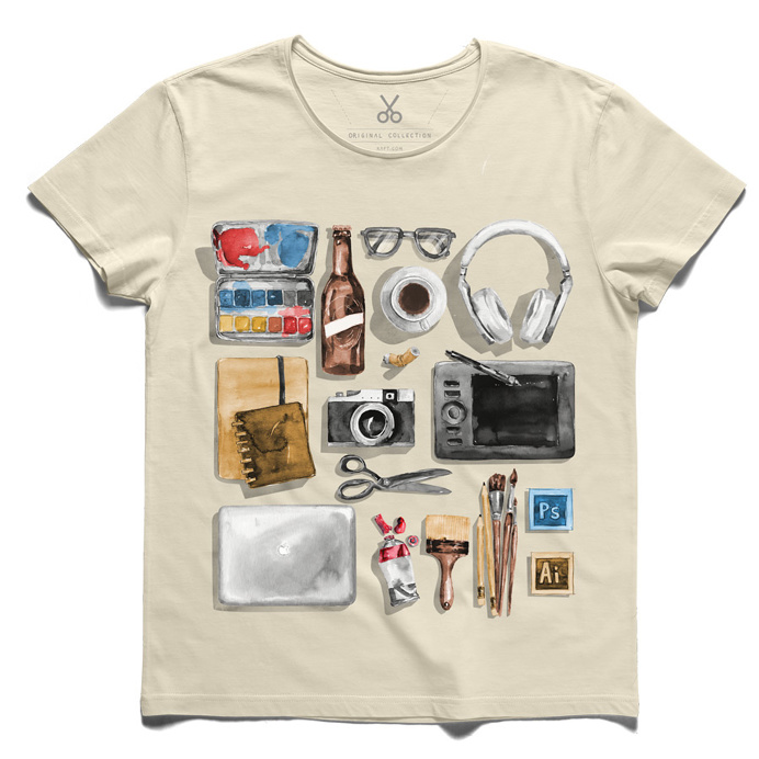 #designerism #beige #tee #tshirt #beerbottle #graphictablet #coffee #headphone #camera #watercolor #photoshop