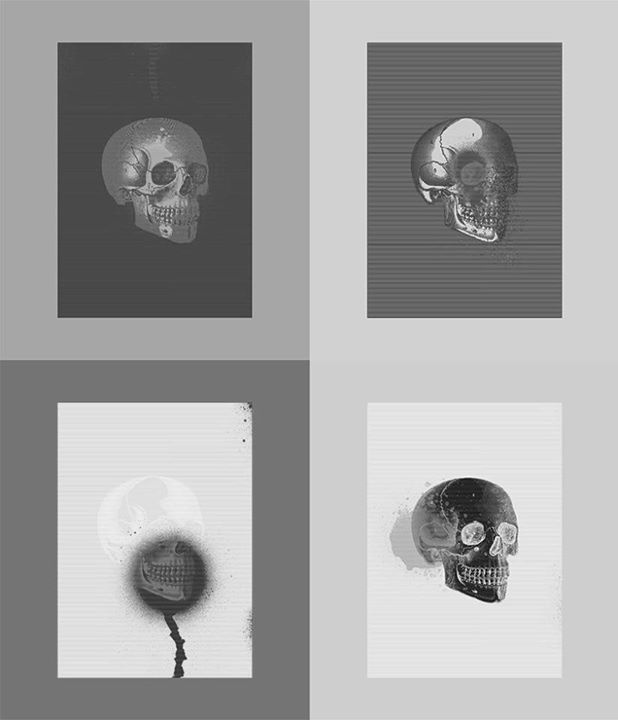 Collage composition, taking basic elements as a vintage skull image and some spray graffiti brushes. Creating in that way a x-ray effect on