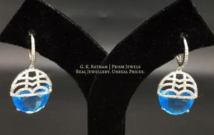 14k Gold and Diamond Bali / Hoop Earring with aquamarine blue cut stone - gold diamond polki kundan meena jadau jewellery