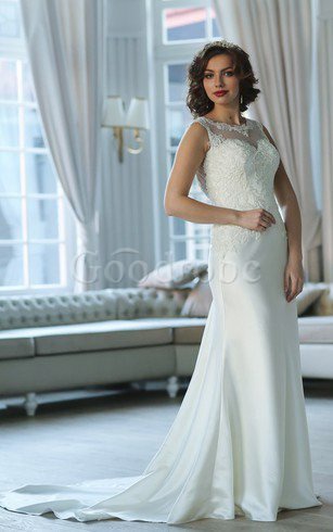 Robe de mariée gaine en satin trou de serrure de traîne mi-longue decoration en fleur
