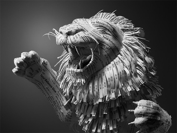 CJWHO ™ (Paper Lion Constructed from Hotel Receipts by Kyle...) #amazing #white #crafts #lion #design #black #art #and #animals #paper