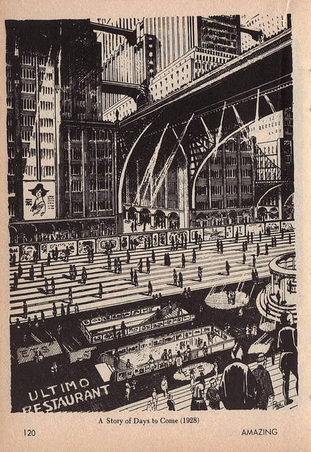 Frank R Paul - H.G. Wells Illustrations (Published in Amazing Stories, April 1966) #paul #ink #white #city #black #wells #illustration #frank #and #bridge #contrast