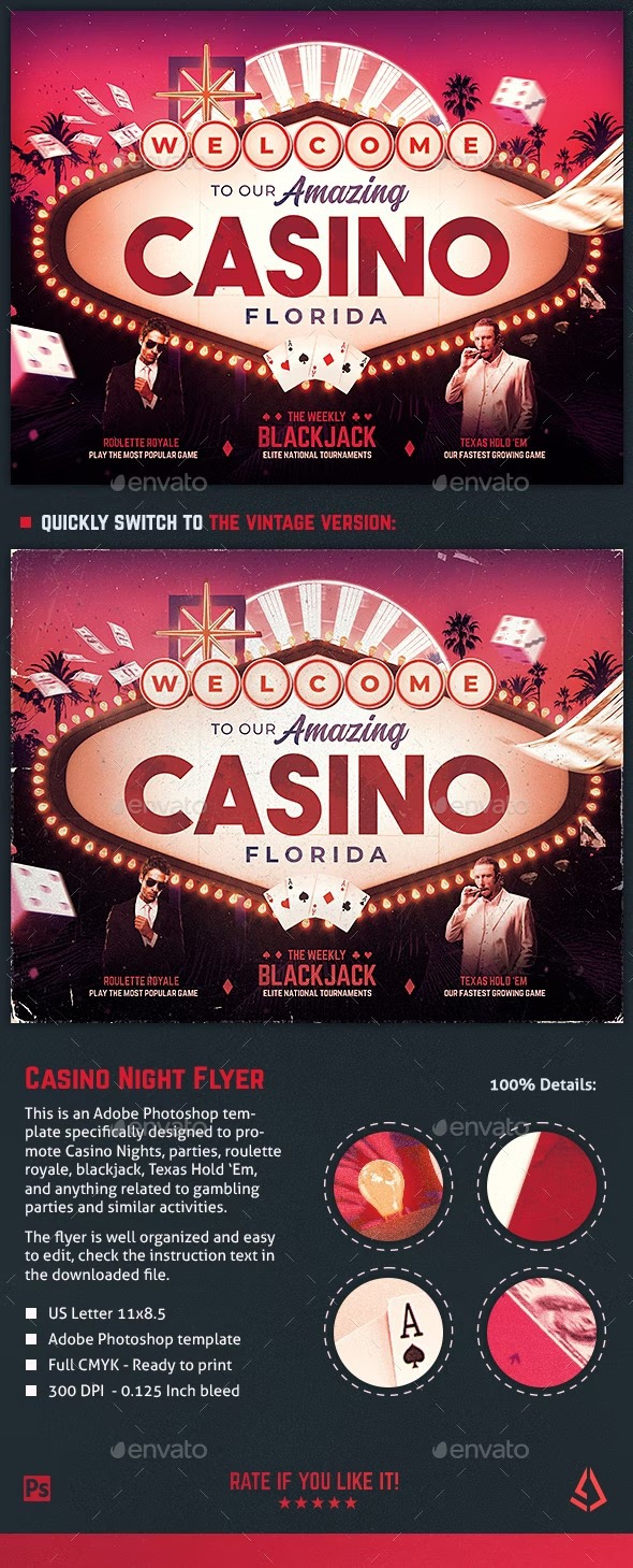 DOWNLOAD:
https://graphicriver.net/item/casino-night-flyer-poker-parties-template/37680933

This is a Casino Night flyer template specifically created to promote casino parties, poker parties, poker nights, blackjack, roulette royal, gambling games like Texas Hold Em and anything else related to a casino party night. You can insert pictures of musicians, players, gamblers, croupiers, dealers, hosts, patrons, or some branding and logos that you want to promote for your Casino party.