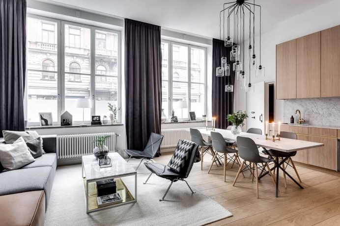 Apartment, living room, black & white, dinning room, bedroom