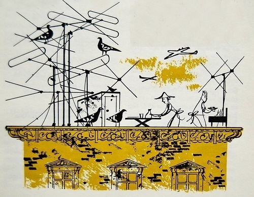 Illustrated by Charley Harper #antenna #birds #illustration #roof