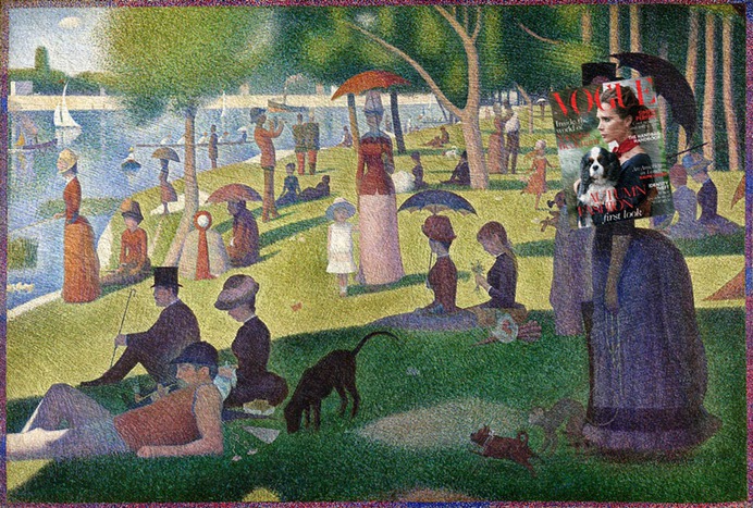 Magazine cover and classical painting - Victoria's Sunday. Victoria Beckham, Vogue Magazine August 2014 + A Sunday Afternoon on the Island of La Grande Jatte by Georges Seurat