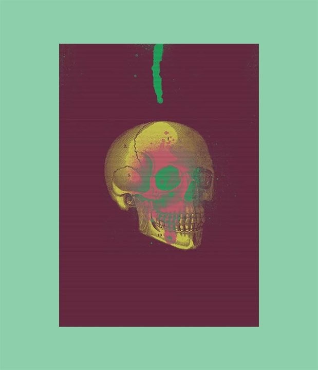 Collage composition, taking basic elements as a vintage skull image and some spray graffiti brushes. Creating in that way a colourful x-ray
