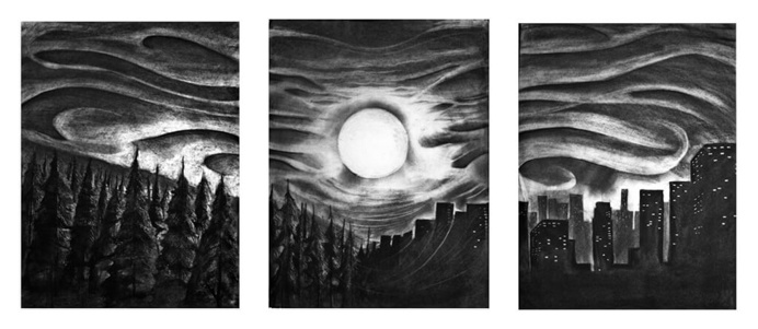 Sunset Tryptic - Charcoal Drawing by Zach Johnson