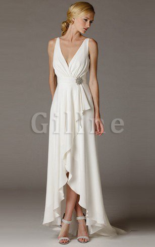 Abito da Sposa V-Scollo Tubino Naturale con Spacco Davanti con Increspato