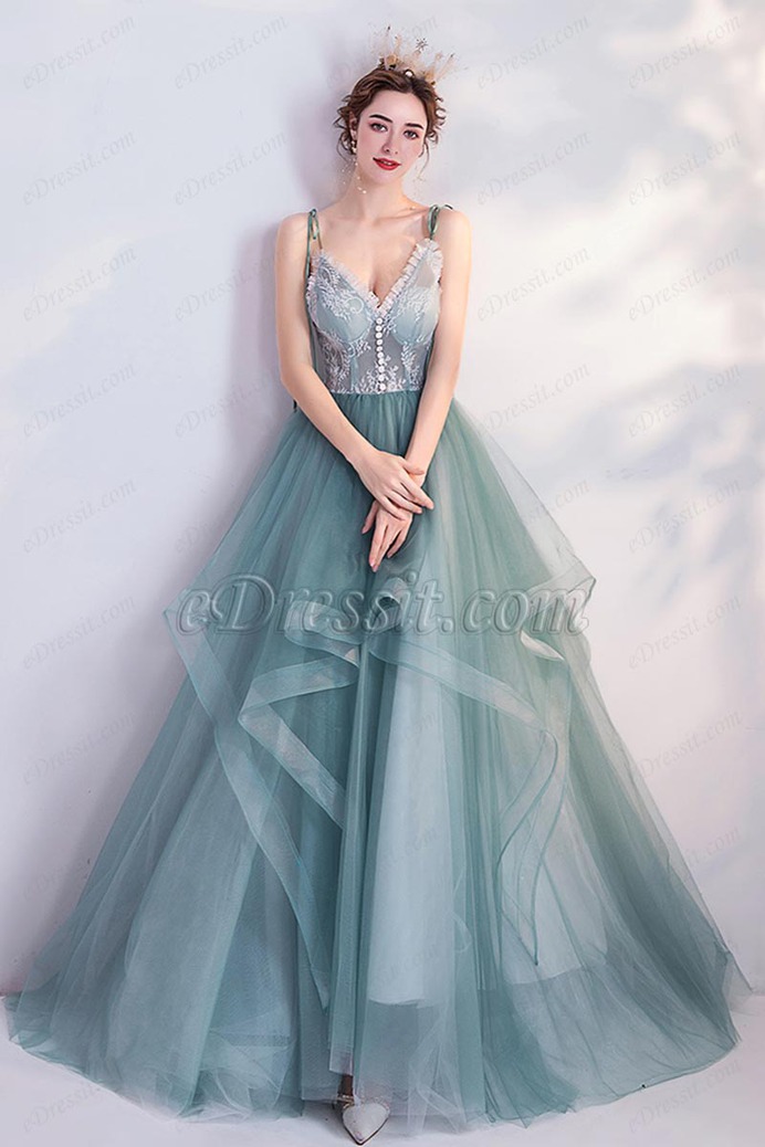 eDressit Sexy Green V-Cut Spaghetti Tulle Party Ball Dress (36226404)