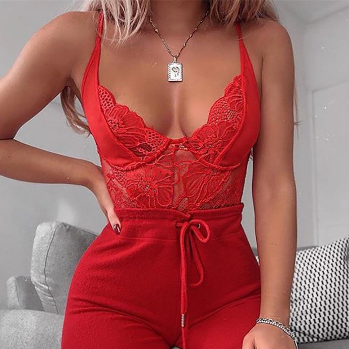 Yimunancy 8 Colors Mesh Sheer Lace Bodysuit V Neck Sexy Bodysuit Women 2020 Teddies Catsuits Fashion Body Mujer Party Clubwear