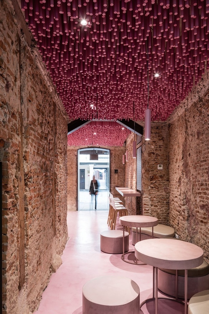 12,000 Pink Wooden Sticks Hanging from the Ceiling
