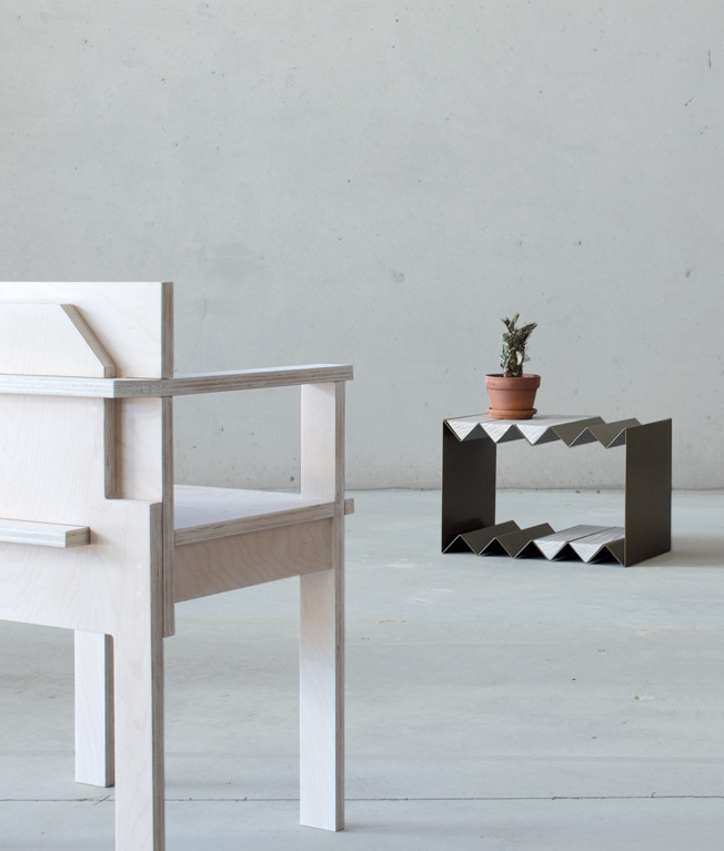 pagethirtythree.comZig Zag table in olive, Slab Chair in clear. #page #zig #chair #thirty #design #interiors #zag #wood #furniture #three #table #ply
