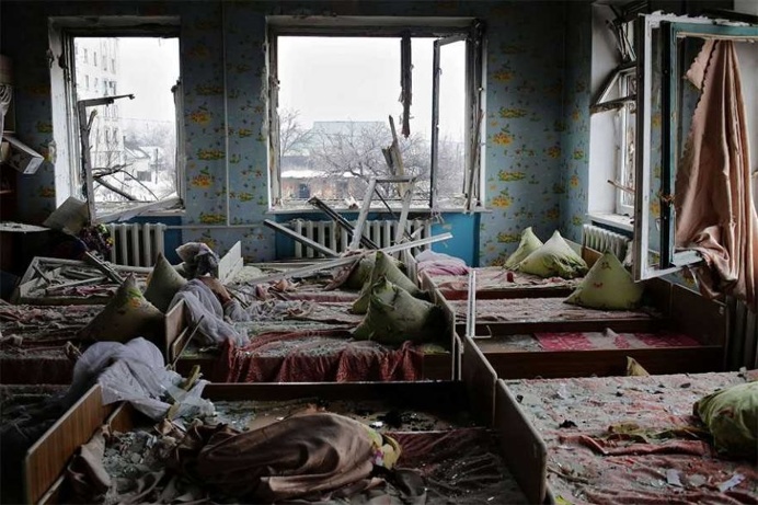 A view of a kindergarten that was shelled in Debaltseve, Donetsk area, Ukraine. Children were evacuated before the shelling