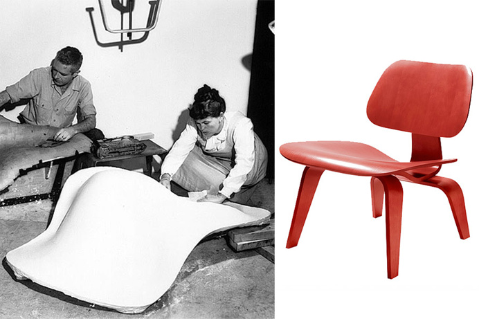 Charles y Ray Eames moldeando su Chaise Lounge chair. A la derecha su silla LCW.