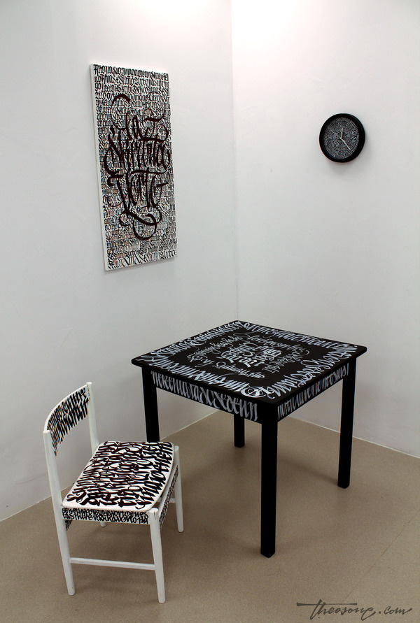 calligraphi.ca part of La Skribita Vorto, Theosone solo exhibition markers, brushes, acrylic paint #interior #white #design #black #and #typography