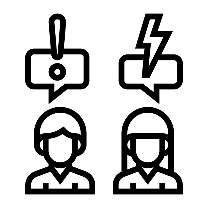 See more icon inspiration related to conflict, girl, boy, thunderbolt, argument, thunder, avatars, bolt, communications, chat, exclamation mark, speech bubbles, exclamation and people on Flaticon.