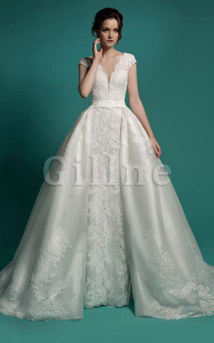 Abito da Sposa Profondo V-scollo Stravagante in Tulle con Fusciacca Orlo Removibile