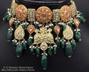 23k Gold and Diamond Polki Choker Necklace with Corals and Green Beryls - gold diamond polki kundan meena jadau jewellery
