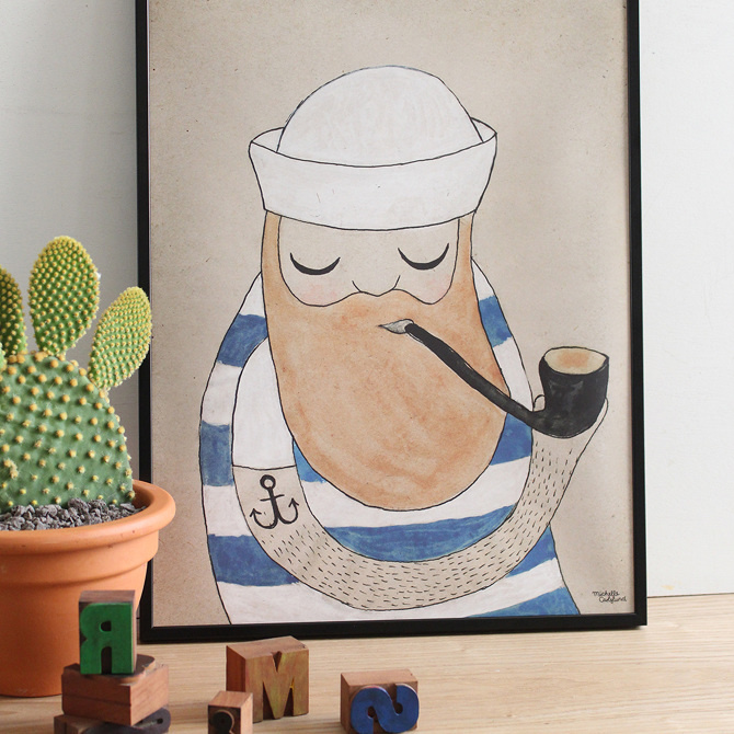 #nordic #design #illustration #danish #maritime #simple #blue #living #interior #kids #room #poster #sailor #stripes #man #pipe #beard
