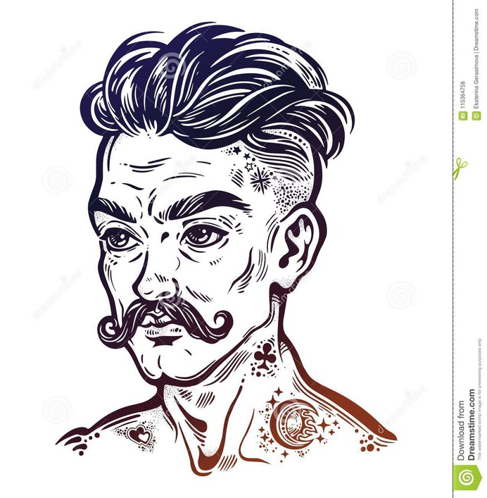 Portrait of inked moustached man with short hair.