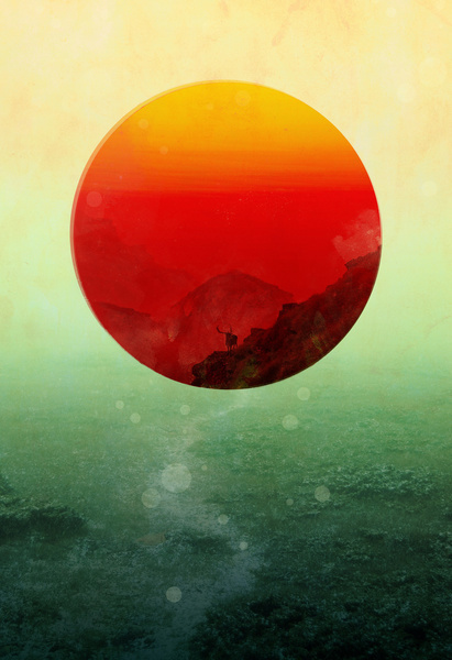 In the end, the sun rises Art Print #sun #red #wildlife #orange #art #circle #mountains #green